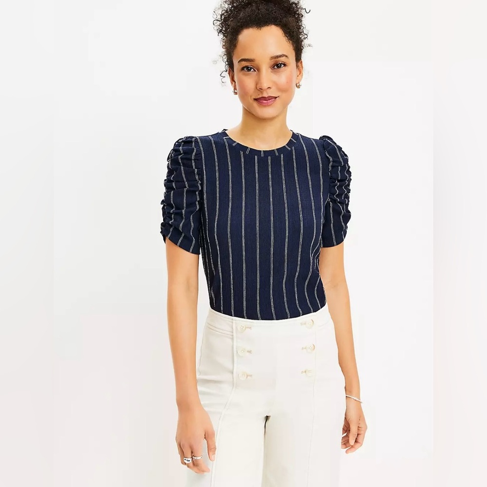 Loft Size M Navy Striped Cinched Sleeve Top.
